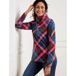 Talbots Womens Plus 1X Microfleece Funnel Neck Top Lovely Plaid Pullover